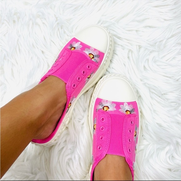 Pink canvas embroidered flower open back slip on chunky sneaker - Picture 3 of 5